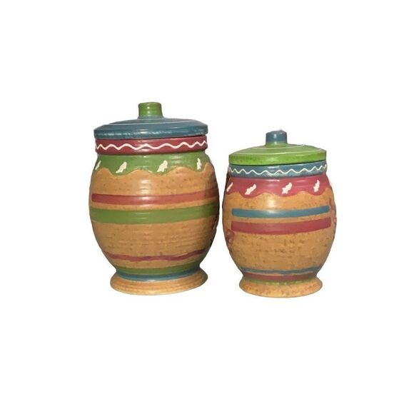 Southwestern Pottery Jars Small Canisters Kokopelli Lizards Set of 2 - Picture 2 of 7